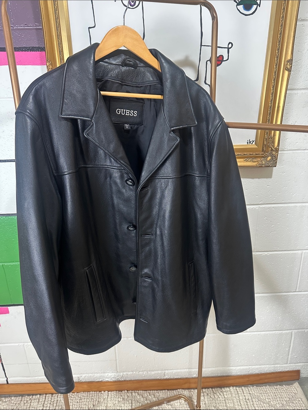 Vintage Guess Men’s Black Leather Button Jacket